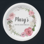 Rustic Pink Rose Floral 80th Birthday  Paper Plate<br><div class="desc">You can easily create a very pretty birthday buffet with these pink rose paper plates. A rustic wreath is in the centre. In addition to the pink roses there are white hydrangeas. They are both tucked into sage green leaves. The birthday celebrant's name is in the centre with 80th Birthday....</div>