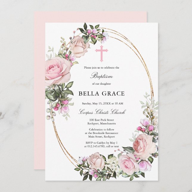 Rustic Pink Rose Floral Baptism Invitation (Front/Back)