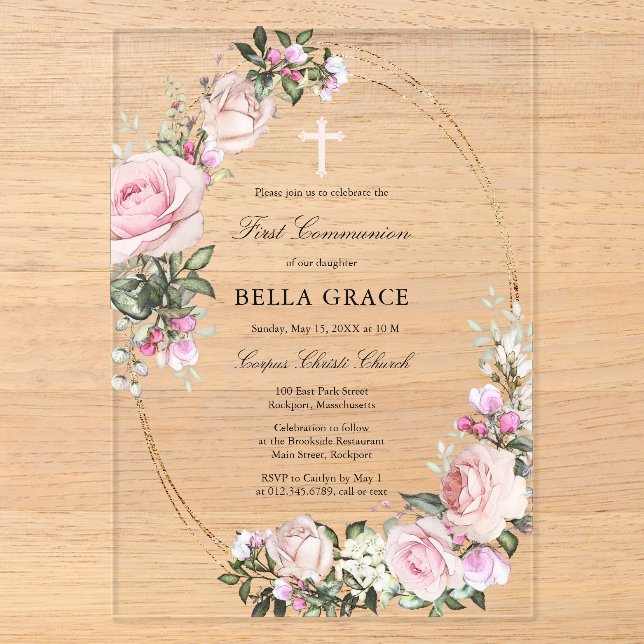 Rustic Pink Rose Floral First Holy Communion Acrylic Invitations (Front)