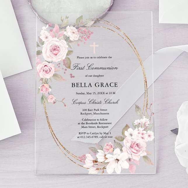 Rustic Pink Rose Floral First Holy Communion Acrylic Invitations (Creator Uploaded)