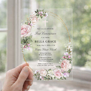 Rustic Pink Rose Floral First Holy Communion Acrylic Invitations