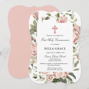 Rustic Pink Rose Floral First Holy Communion Invit Invitation