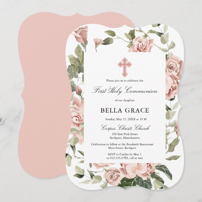 Rustic Pink Rose Floral First Holy Communion Invit Invitation (Front/Back)