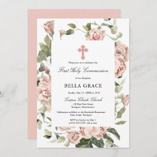 Rustic Pink Rose Floral First Holy Communion Invit Invitation