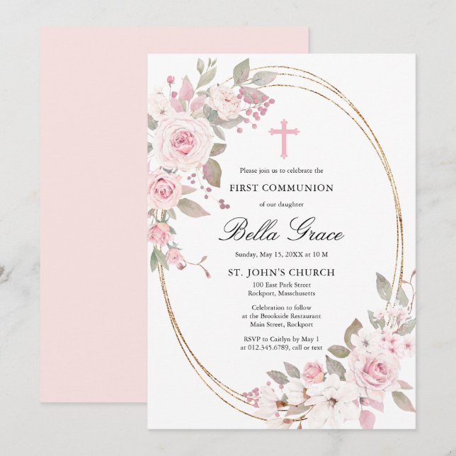 Rustic Pink Rose Floral First Holy Communion Invit Invitation (Front/Back)
