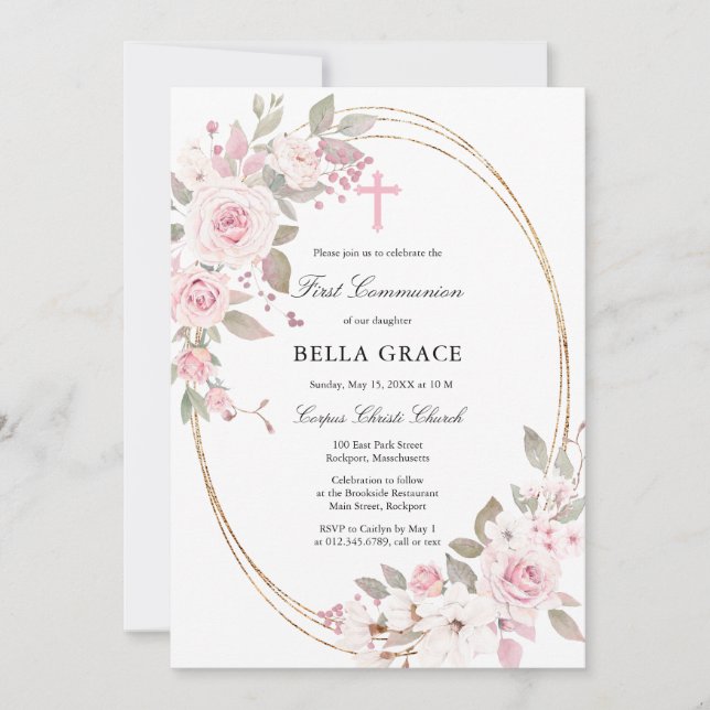 Rustic Pink Rose Floral First Holy Communion Invitation (Front)