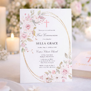 Rustic Pink Rose Floral First Holy Communion Invitation