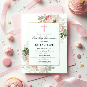 Rustic Pink Rose Floral First Holy Communion Invitation