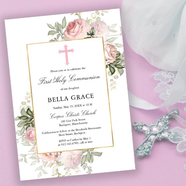 Rustic Pink Rose Floral First Holy Communion Invitation (Creator Uploaded)
