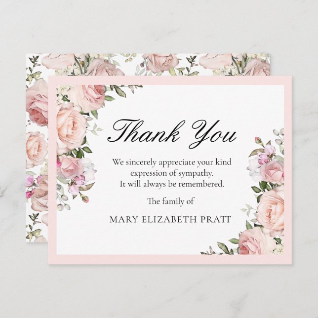 Rustic Pink Rose Floral Funeral Thank You Card (Front/Back)