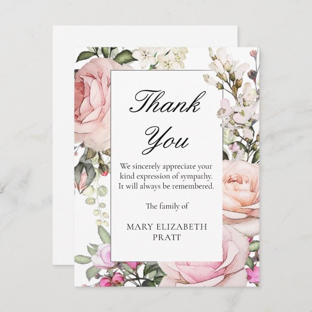 Rustic Pink Rose Floral Funeral Thank You Card (Front/Back)