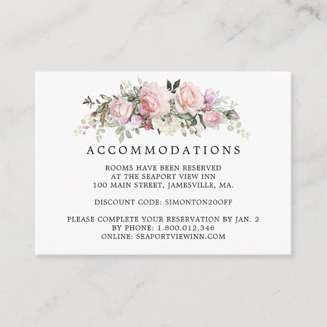 Rustic Pink Rose Floral Wedding Accommodation Enclosure Card (Front)