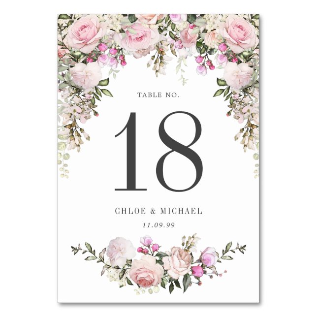 Rustic Pink Rose Floral Wedding Table Number (Front)