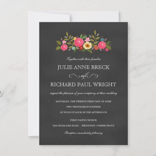 Rustic Pink Rose Garden Chalkboard Invitations (Front)