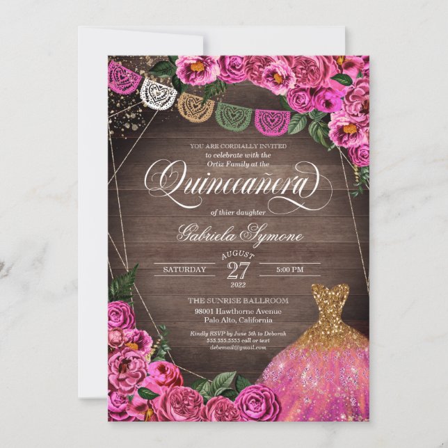 Rustic Pink Rose Glitter Gown Fiesta Quinceañer Invitation (Front)