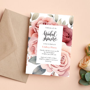 Rustic Pink Rose Greenery Leaves Bridal Shower Invitation