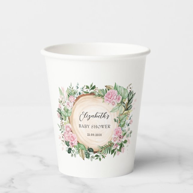 Rustic Pink Roses Greenery Baby Girl Shower Favour Paper Cups (Front)