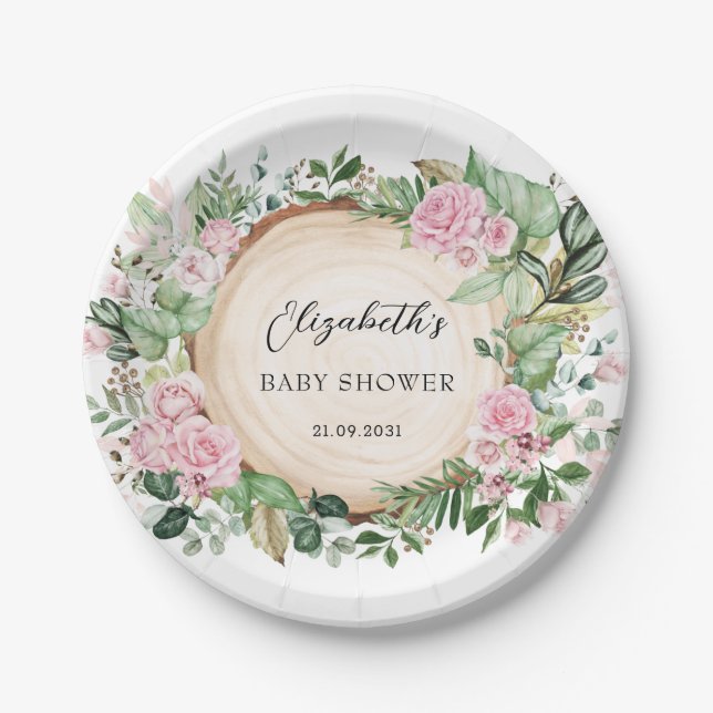 Rustic Pink Roses Greenery Baby Shower Decor Paper Plate (Front)