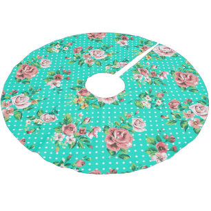 Rustic Pink Roses Polkadot Pattern Turquoise Back Brushed Polyester Tree Skirt