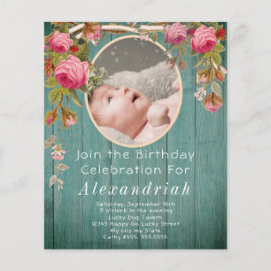 Rustic Pink Roses Teal Blue Barn Wood Birthday