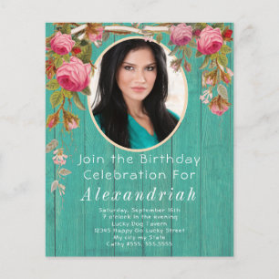 Rustic Pink Roses Teal Blue Barn Wood Birthday