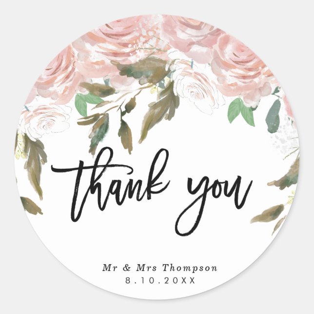 rustic pink roses wedding thank you sticker (Front)