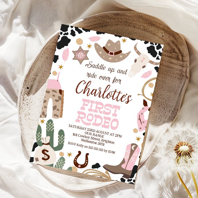 Rustic Pink Saddle Up First Rodeo 1st Birthday Invitation (Girls First Rodeo 1st Birthday Invitation, Pink 1st Rodeo Birthday Invite, Western Themed Birthday, )