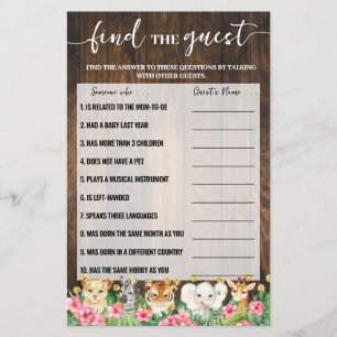 Rustic Pink Safari Find the Guest Shower Game Card
