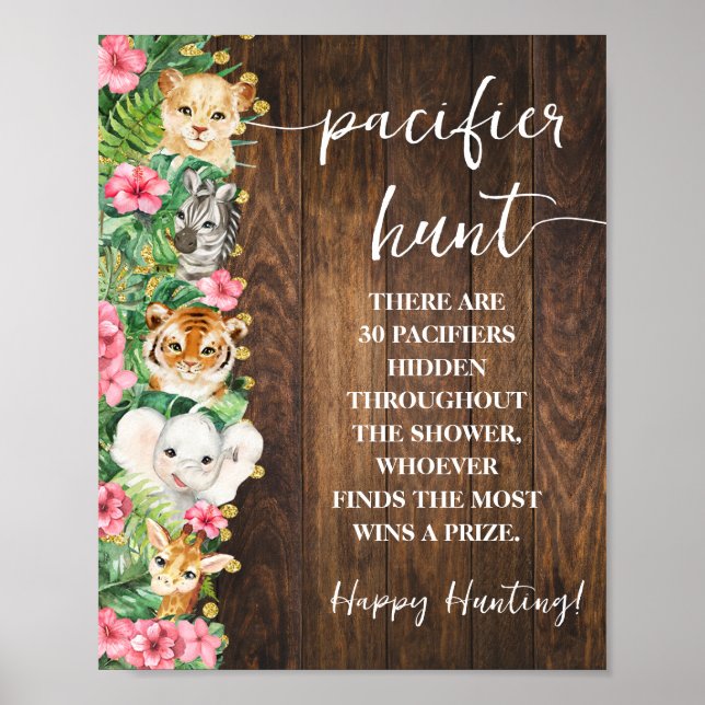 Rustic Pink Safari Pacifier Hunt Baby Shower Game Poster (Front)