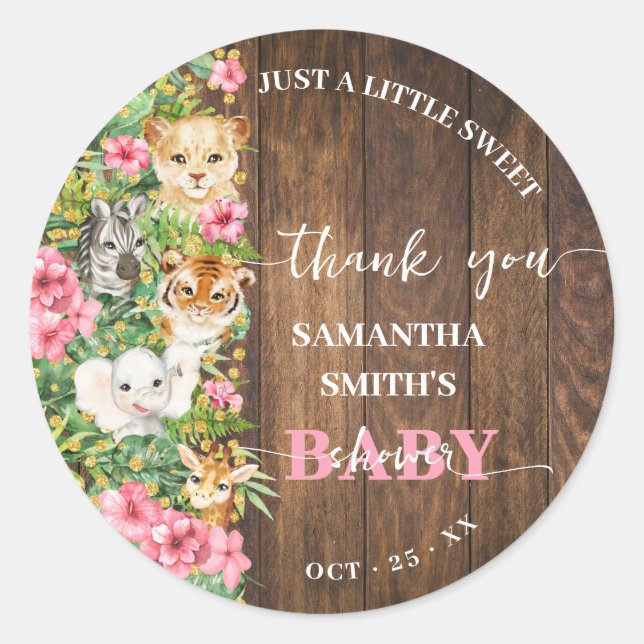 Rustic Pink Safari Shower Thank You Party Favor Classic Round Sticker (Front)