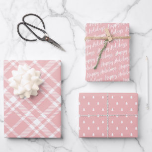 Rustic Pink Tartan Plaid Happy Holidays Pattern Wrapping Paper Sheet