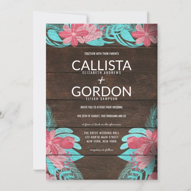 Rustic Pink Teal Floral Wood Barn Wedding Invitation (Front)