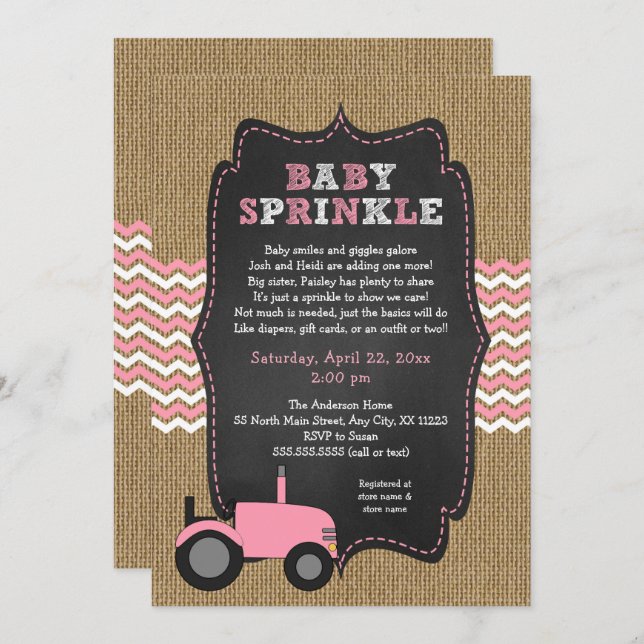 Rustic pink Tractor Baby Sprinkle Invitation (Front/Back)