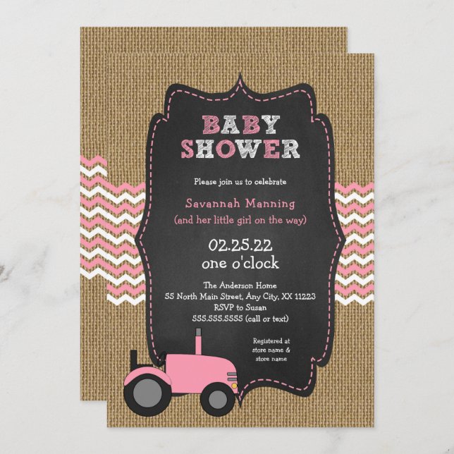 Rustic Pink Tractor girl Baby shower Invitation (Front/Back)