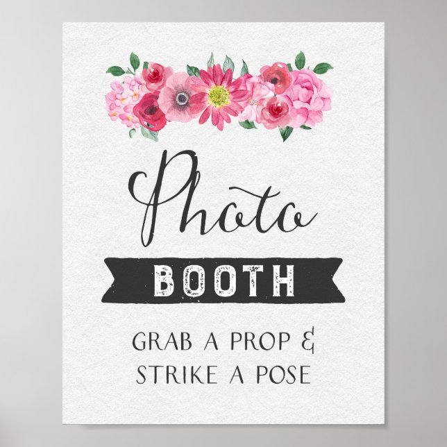 Rustic Pink Watercolor Floral Photo Booth Sign (Front)