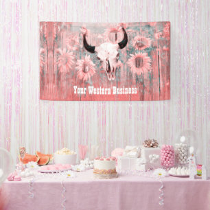 Rustic Pink Western Bull Skull Sunflowers On Wood Banner