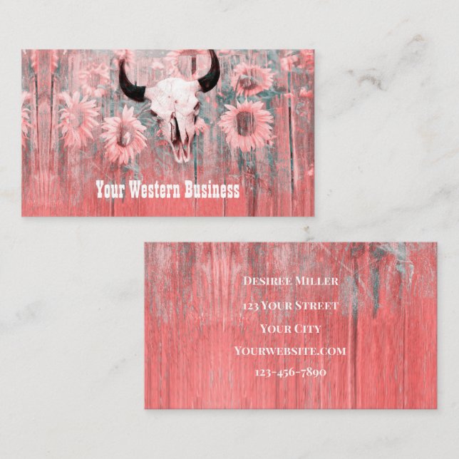 Rustic Pink Western Bull Skull Sunflowers On Wood Business Card (Front/Back)
