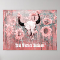 Rustic Pink Western Bull Skull Sunflowers On Wood