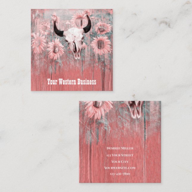Rustic Pink Western Bull Skull Sunflowers On Wood Square Business Card (Front/Back)