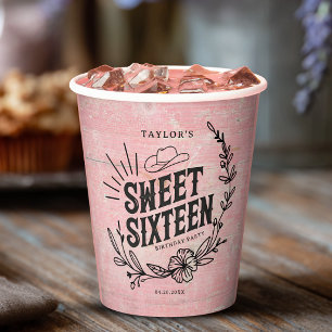 Rustic Pink Western Cowgirl Sweet Sixteen Birthday Paper Cups