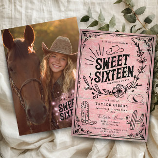 Rustic Pink Western Floral Sweet Sixteen Photo Invitation