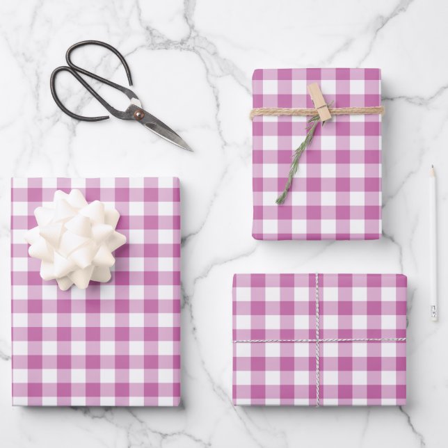 Rustic Pink White Gingham Chequered Pattern Wrapping Paper Sheet (Front)