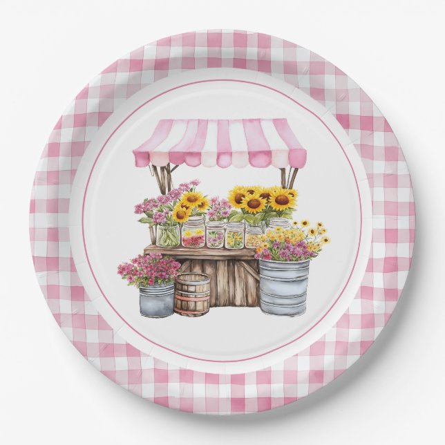 Rustic Pink Wildflower Sunflowers Farmers Market Paper Plate (Front)