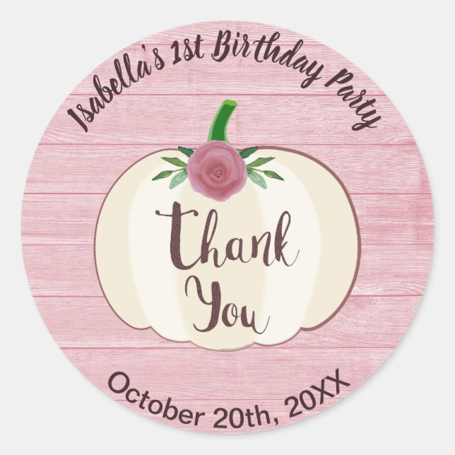 Rustic Pink Wood White Pumpkin Floral Thank You Classic Round Sticker (Front)