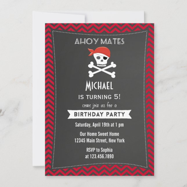 Rustic Pirate Birthday Invitation Red (Front)