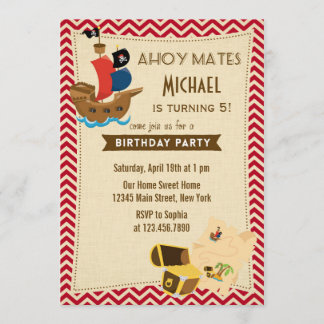 Rustic Pirate Ship Birthday Invitation Red
