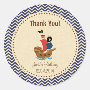 Rustic Pirate Ship Birthday Thank You Sticker Blue
