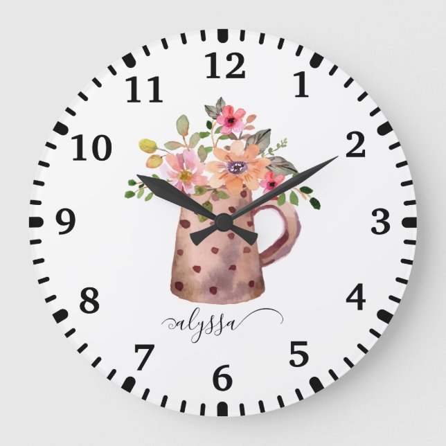 Rustic Pitcher Peach & Mauve Watercolor Floral Large Clock (Front)