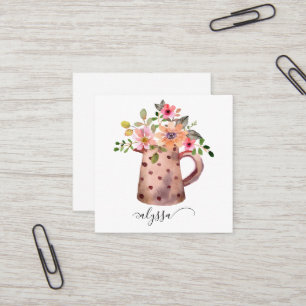 Rustic Pitcher Peach & Mauve Watercolor Floral Square Business Card