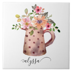 Rustic Pitcher Peach & Mauve Watercolor Floral Tile